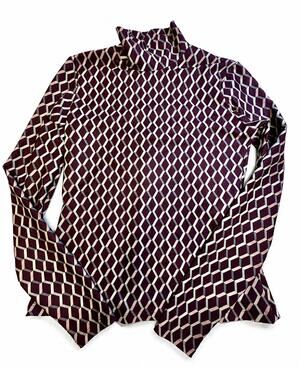 OYSHO Geometric Print High Neck Top Size M Burgundy Long Sleeve Mod Retro